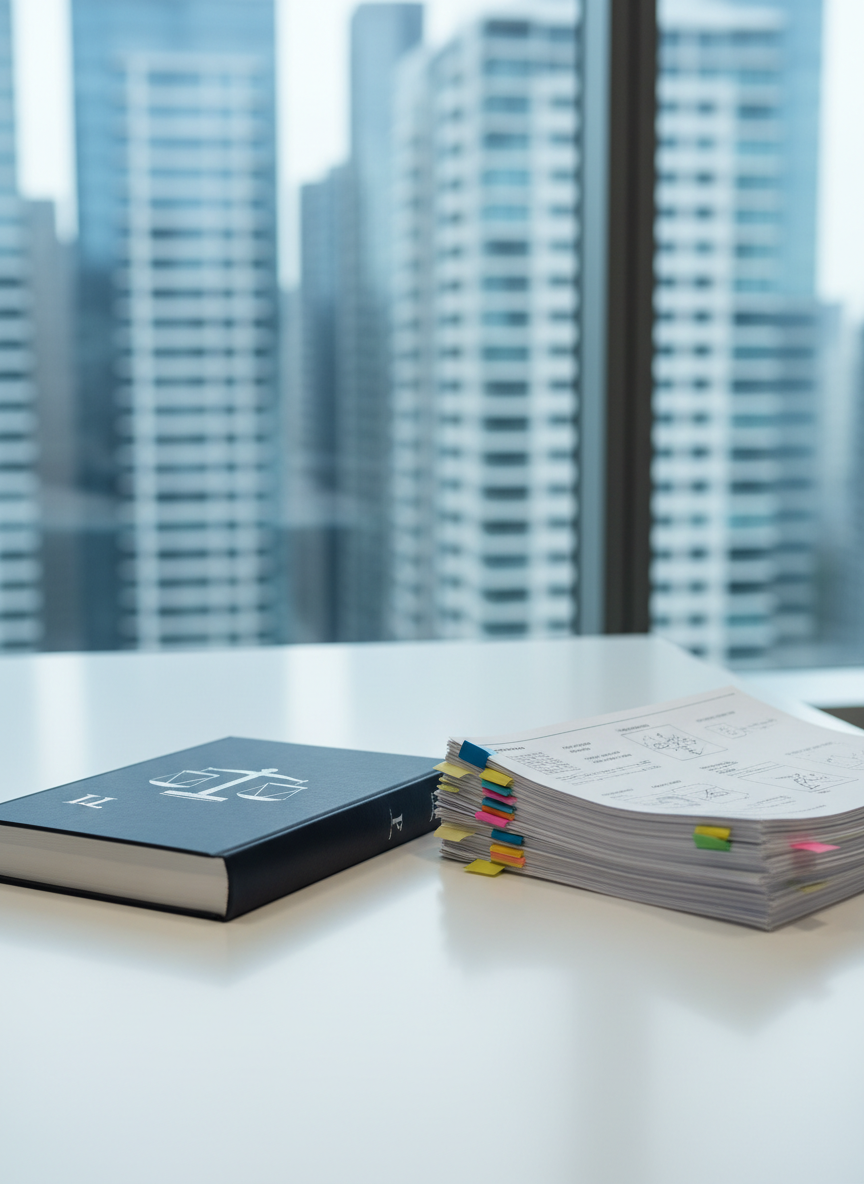 A sleek, dark navy hardcover law textbook embossed with a silver scales-of-justice icon and the initials “IP” sits open on a spotless white conference table. Beside it, a meticulously organized stack of patent documents with visible diagrams, reference numbers, and neatly aligned sticky tabs forms a subtle arc. In the background, a floor-to-ceiling window reveals a softly blurred city skyline of modern glass buildings. Cool, diffused daylight floods the room, creating gentle reflections on the table’s surface and crisp shadows under the papers. Photographic realism, shot at eye level with a slight diagonal angle and shallow depth of field, conveys a professional, trustworthy mood suited to a premium intellectual property law firm.