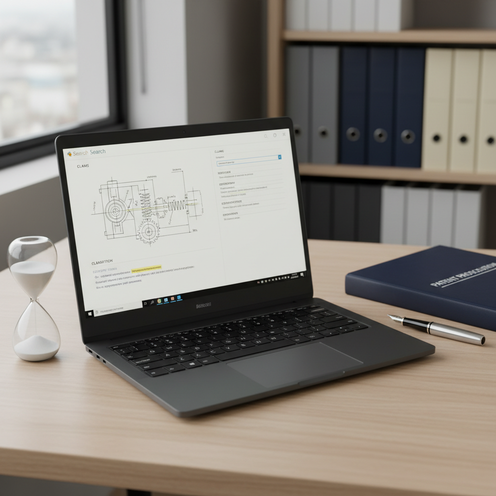 An elegant, matte-black laptop displays a clean patent search interface with schematic line drawings of a mechanical invention, claims sections, and neatly highlighted keywords. The laptop is centered on a light ash-wood desk, accompanied by a silver fountain pen, a closed navy case file stamped “PATENT PROSECUTION,” and a minimalist glass hourglass with fine white sand midway through. Soft, overcast window light from the left creates a balanced, low-contrast scene, with subtle reflections on the laptop’s metallic edges. The background fades into a bokeh of shelves lined with organized legal binders in muted tones. Photographic realism, shot from a slightly elevated three-quarter view, with a calm, focused atmosphere emphasizing precision and diligence in IP work.