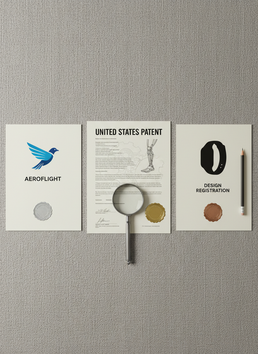 A precisely arranged flat lay of three distinct intellectual property documents lies on a neutral grey fabric surface: a patent certificate with a faint watermark and technical drawing; a trademark registration with a stylized logo; and a design registration featuring a minimalist product silhouette. Each document has crisp typography and embossed seals. Between them rests a slim, brushed-steel magnifying glass and a graphite mechanical pencil. Overhead, soft studio lighting evenly illuminates the scene, bringing out textures in the paper and metal while casting delicate, short shadows. The composition is symmetrical, shot directly from above with sharp focus across the frame. The mood is orderly and authoritative, photographic and minimalist, ideal for visualizing the breadth of IP services: patents, trademarks, and designs.