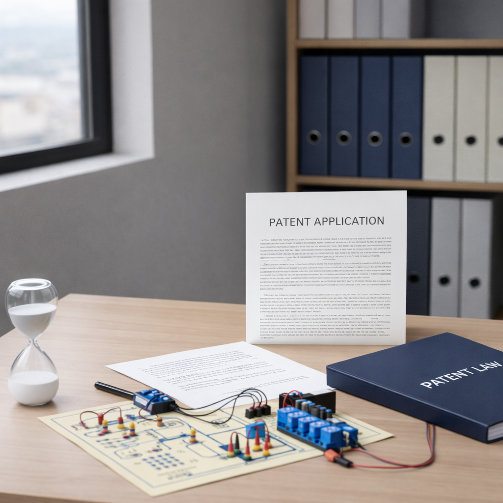 An elegant, matte-black laptop displays a clean patent search interface with schematic line drawings of a mechanical invention, claims sections, and neatly highlighted keywords. The laptop is centered on a light ash-wood desk, accompanied by a silver fountain pen, a closed navy case file stamped “PATENT PROSECUTION,” and a minimalist glass hourglass with fine white sand midway through. Soft, overcast window light from the left creates a balanced, low-contrast scene, with subtle reflections on the laptop’s metallic edges. The background fades into a bokeh of shelves lined with organized legal binders in muted tones. Photographic realism, shot from a slightly elevated three-quarter view, with a calm, focused atmosphere emphasizing precision and diligence in IP work.