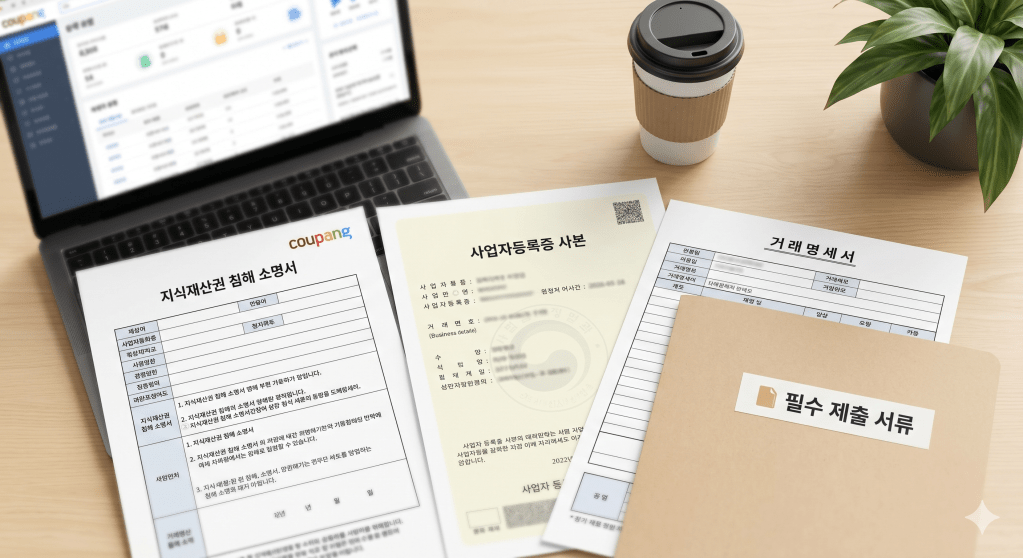 노트북과 함께 서류들이 놓인 사무실 책상. 서류에는 '지식재산권 침해 소명서', '사업자등록증 사본', '거래명세서'가 있으며, 커피 컵과 식물이 있다.