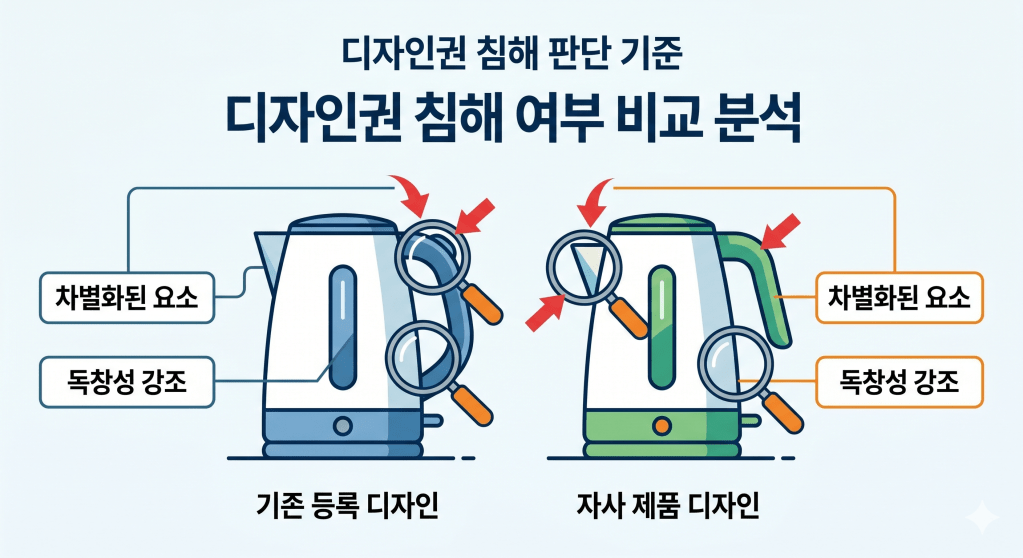 디자인 권침해 기준에 대한 비교 분석을 보여주는 일러스트, 왼쪽은 기존 등록 디자인, 오른쪽은 자사 제품 디자인, 각 측면에 카테고리와 특징을 설명하는 요소들 포함.