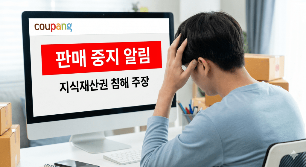 컴퓨터 화면 앞에서 스트레스를 받는 사람, 화면에는 '판매 중지 알림'이라는 빨간 글자가 적혀 있음.