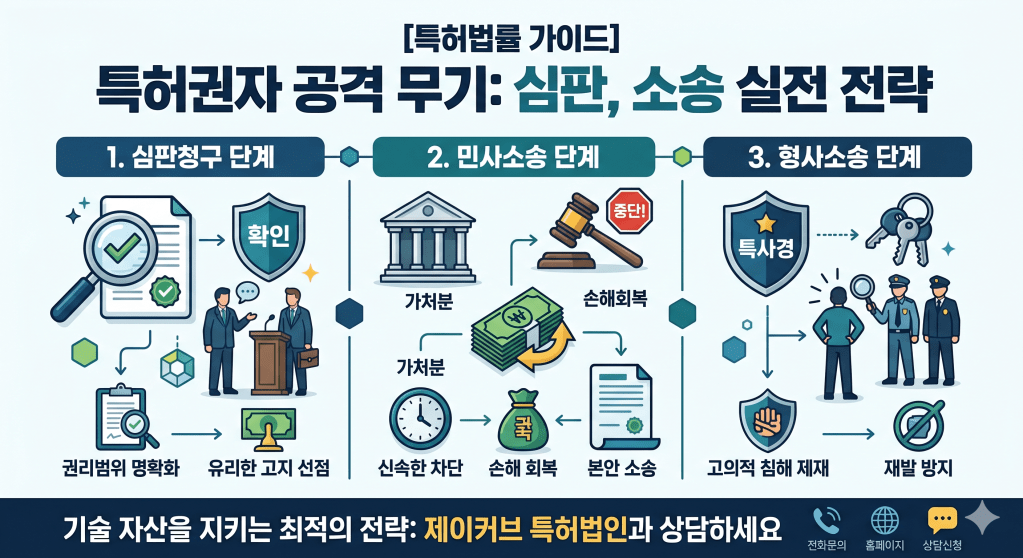 특허권자 공격 무기: 심판, 소송 실전 전략 설명 그래픽.