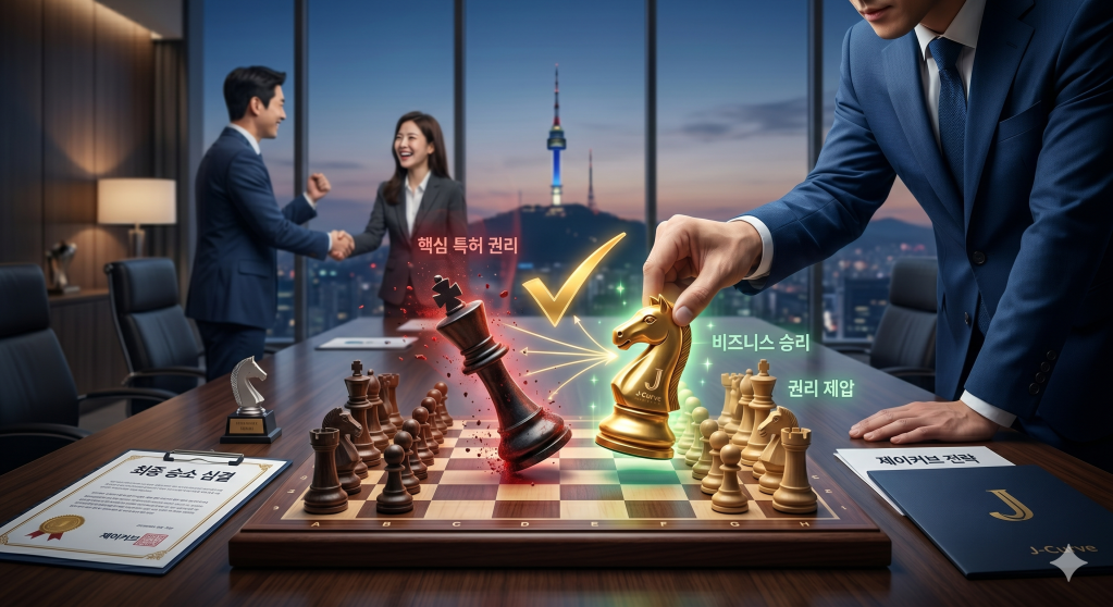 체스판 앞에서 악수를 나누는 두 비즈니스 전문가, 빨간색 왕과 금색 기사를 움직이며 승리를 기념하는 모습.