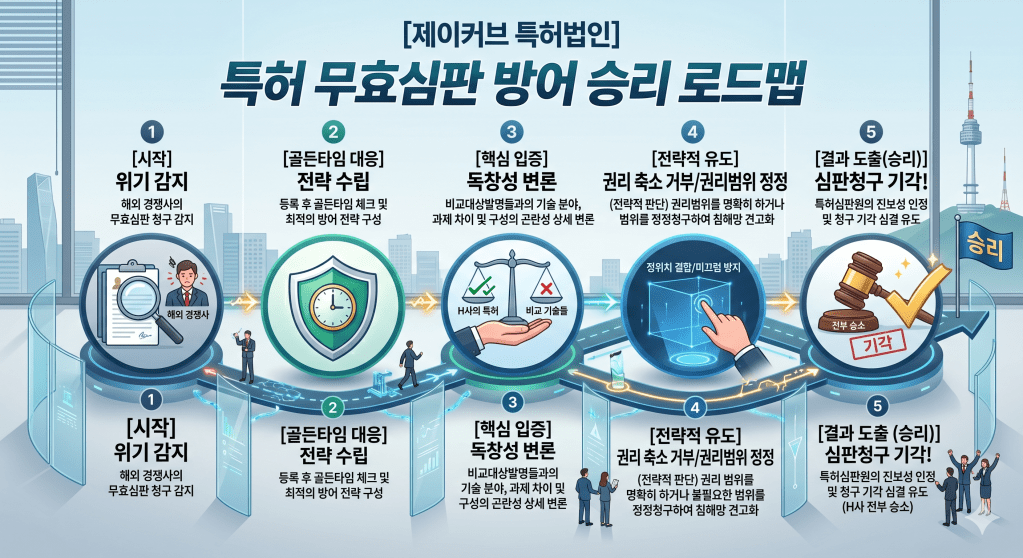 특허 무효심판 방어 승리 로드맵을 나타내는 인포그래픽으로, 단계별 전략과 절차를 설명하고 있음.