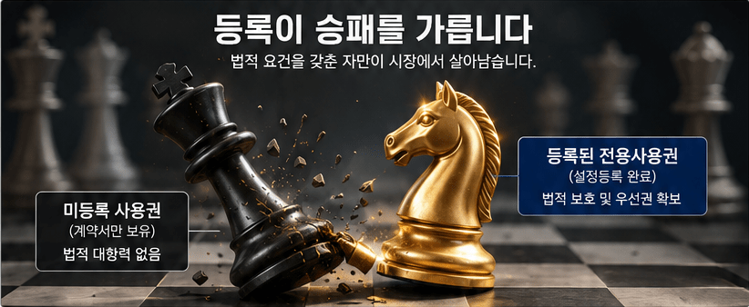 체스 말이 있는 보드 위에서 금색 말과 검은색 말이 대치하고 있는 이미지. 좌측에 '미등록 사용권'과 '등록된 전용 사용권'에 대한 설명이 포함되어 있음.
