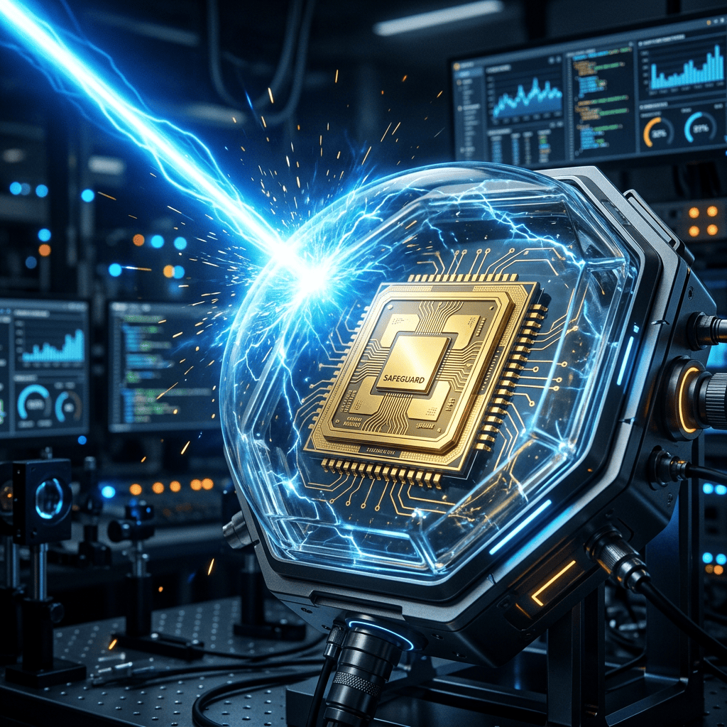 Microchip labeled 'SAFEGUARD' protected by a glowing energy shield with sparks in a laboratory