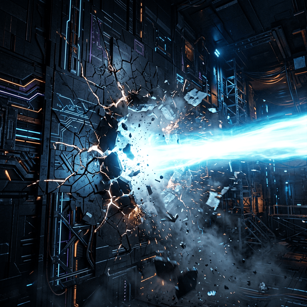 Blue energy beam breaking futuristic metallic wall with sparks and debris