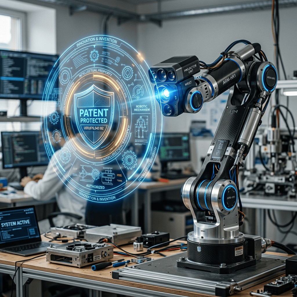Robotic arm with digital patent protection shield hologram in laboratory