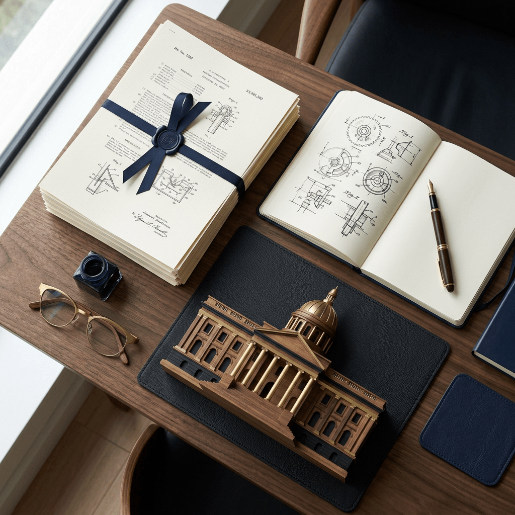 Desk with architectural drawings, building model, notebook, pen, glasses, and ink bottle